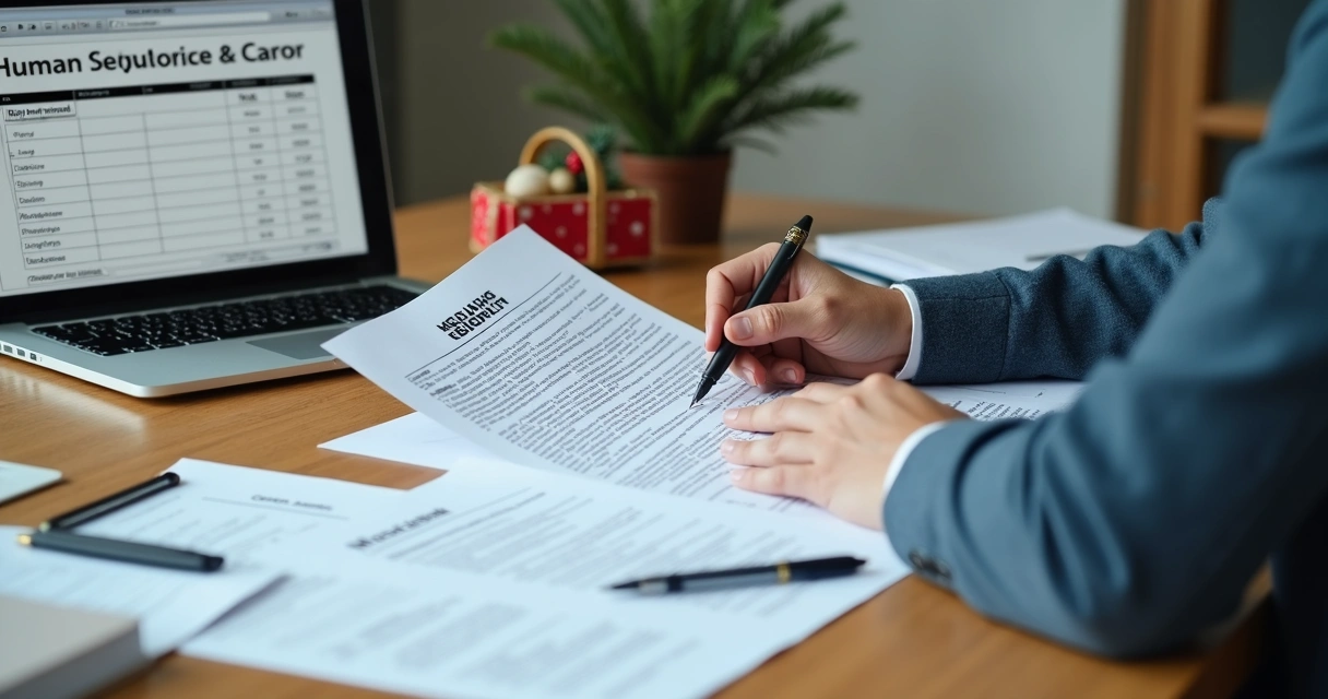 Profissional de RH analisando documentos de benefícios trabalhistas 