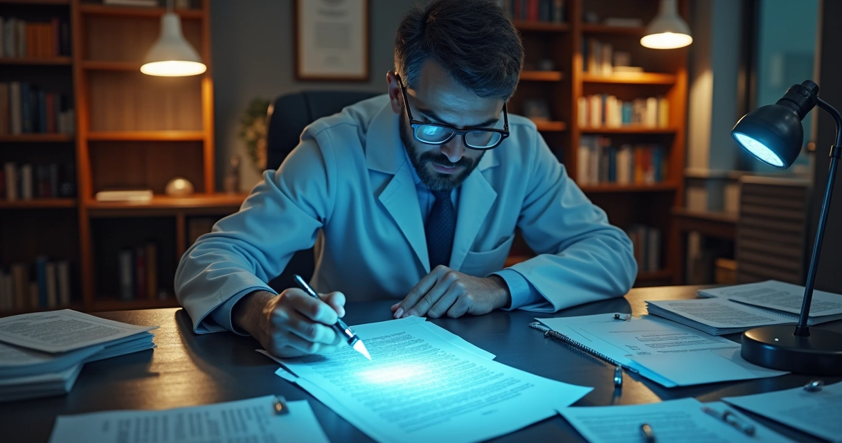 Perito analisando documento sob luz ultravioleta 