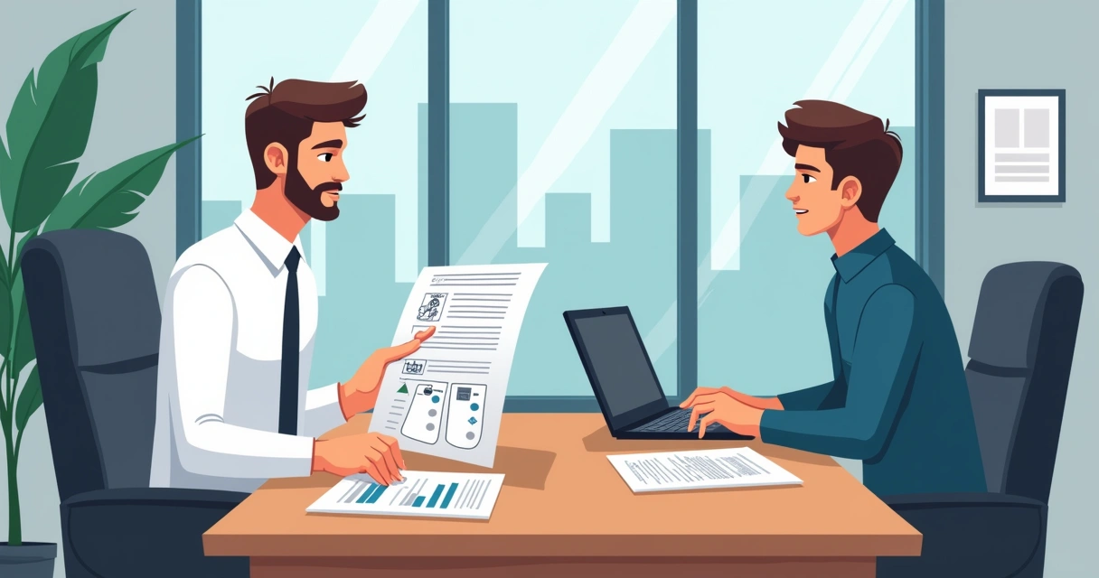 Corretor analisando documentos médicos de um cliente com papéis e laptop na mesa 
