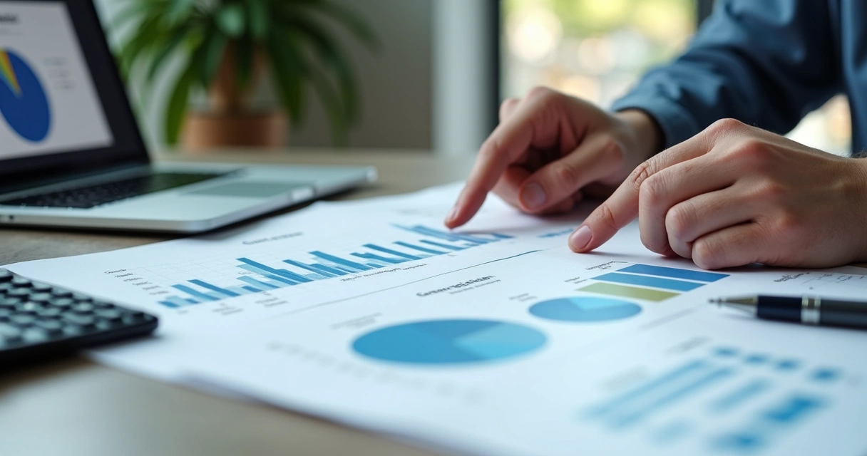 Pessoa analisando documentos e gráficos de sociedade empresarial 