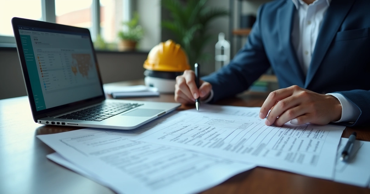 Profissional revisando documentos de SST e certificado em mesa corporativa