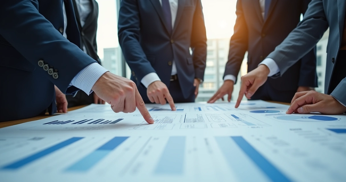 Equipe técnica de engenharia analisando documentos periciais 