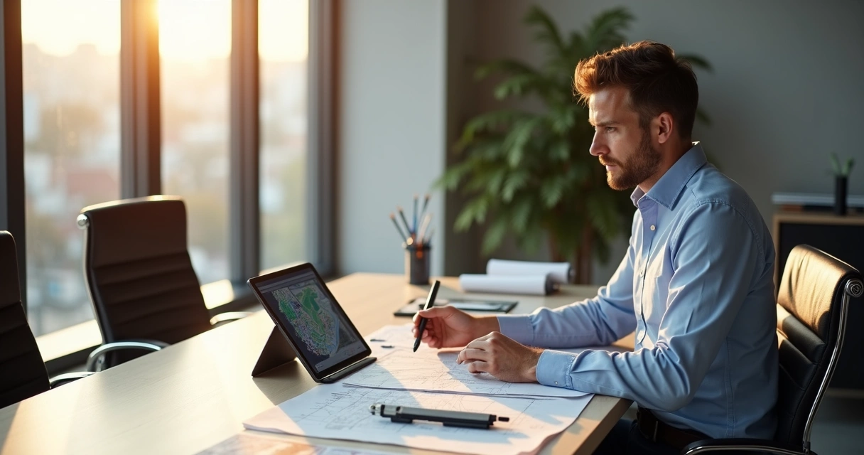 Engenheiro analisa documentos técnicos e mapas de topografia em mesa ampla 