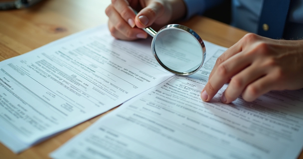 Pessoa analisando documentos oficiais com lupa na mesa 