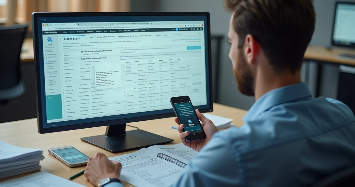 Pessoa analisando documentos e notificações de transações em um computador 