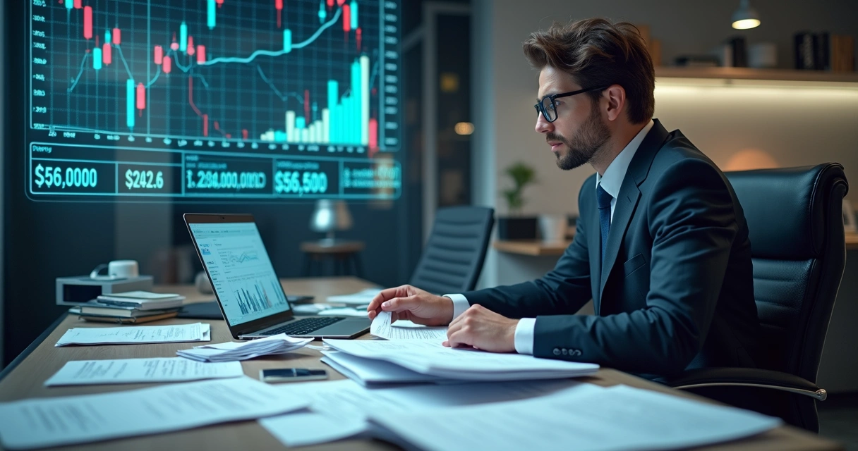 Profissional analisando pilhas de documentos fiscais com gráficos financeiros ao fundo. 