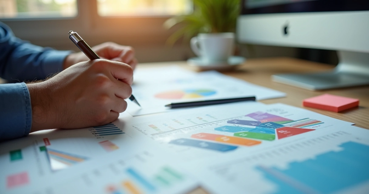 Pessoa analisando relatórios em uma mesa de trabalho.