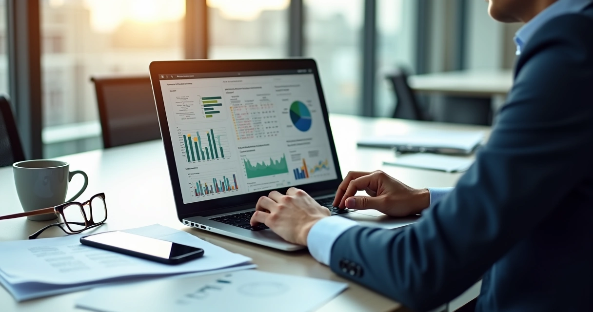Pessoa analisando dossiê empresarial em laptop com gráficos e documentos empresariais ao redor 
