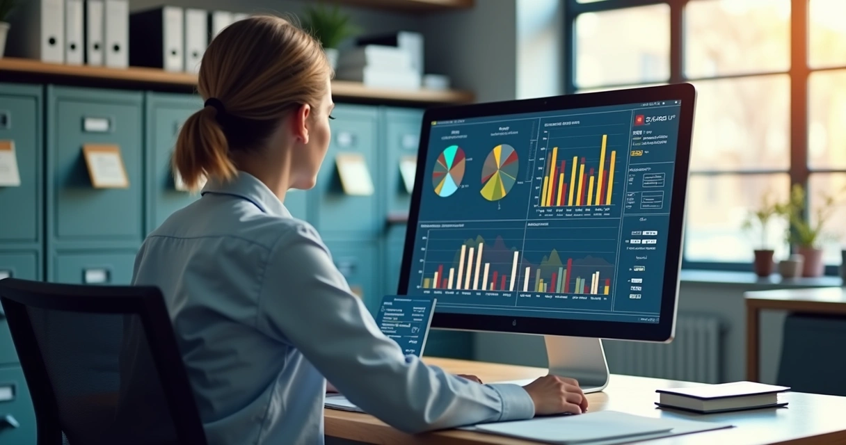 Analista de negócios revisando gráficos fiscais no computador