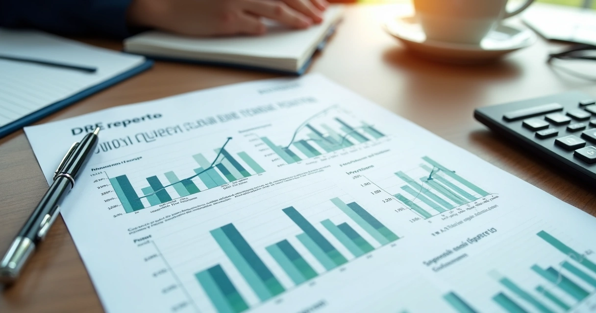 Documento DRE com gráficos financeiros e calculadora sobre a mesa