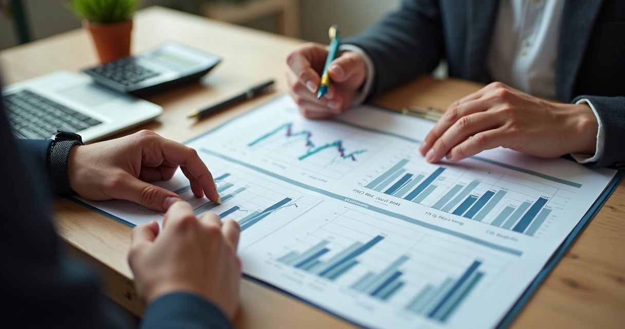 Duas pessoas analisando gráfico de lucros de pequena empresa com caneta e planilha 