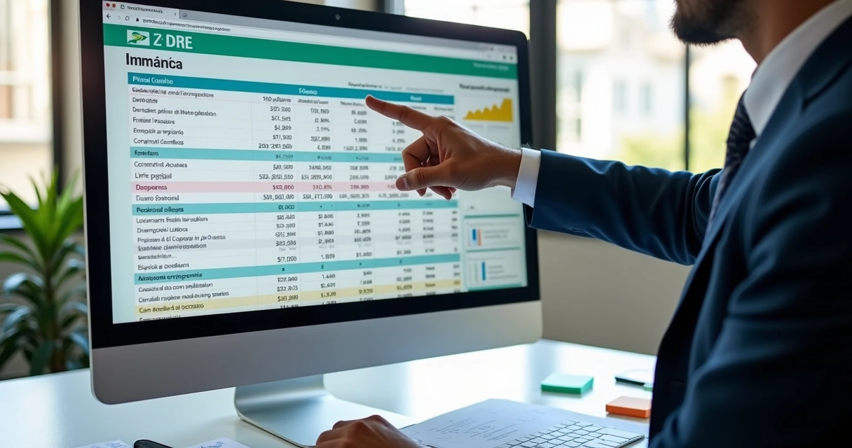 Gestor analisa a DRE em tela de computador com destaque em categorias do plano de contas. 
