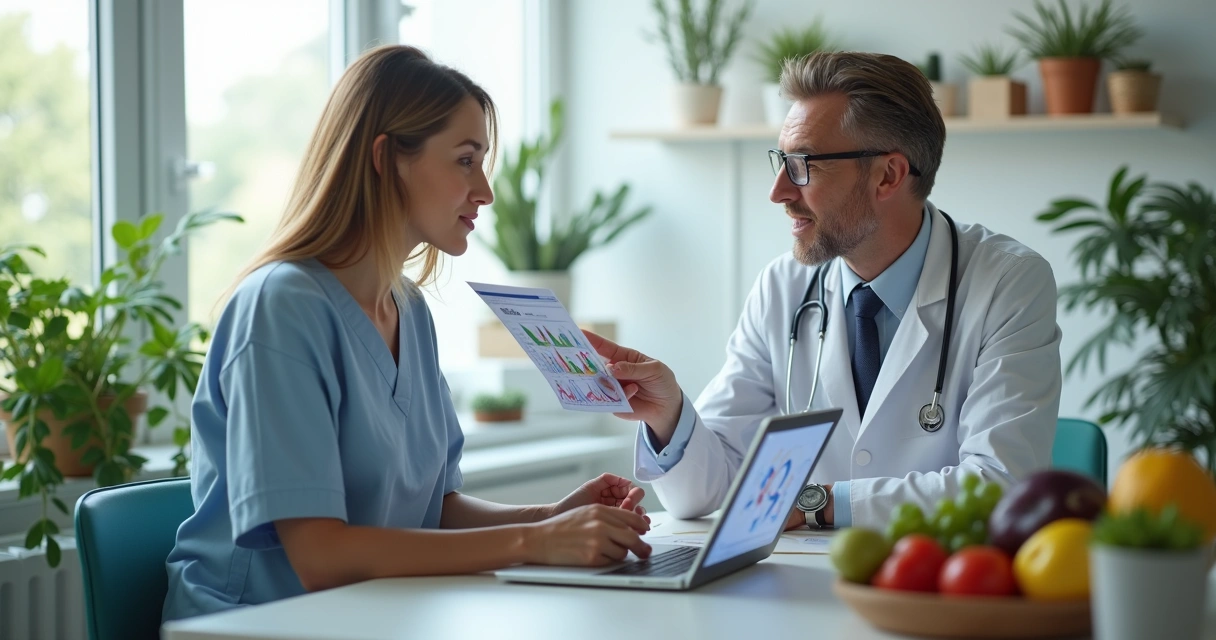 Nutricionista analisando dados e conversando com paciente em ambiente clínico 