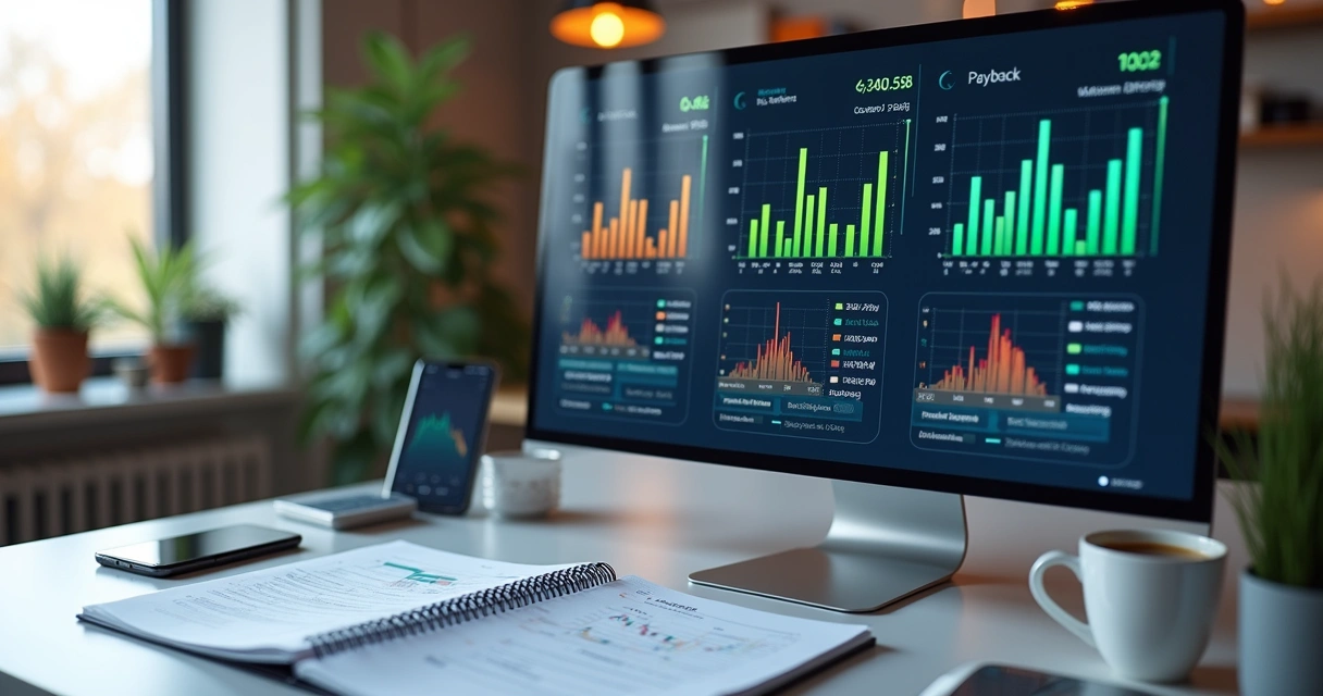Dashboard financeiro com gráficos de CAC, LTV e Payback em tela de computador moderno 