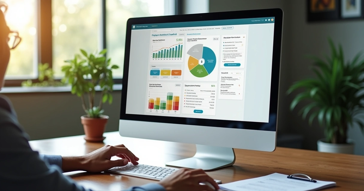 Pessoa analisando edital de imóvel em computador com gráficos coloridos na tela 