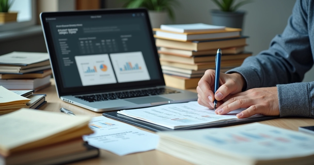 Homem estudando rodeado de livros e papéis, analisando dois editais diferentes na mesa