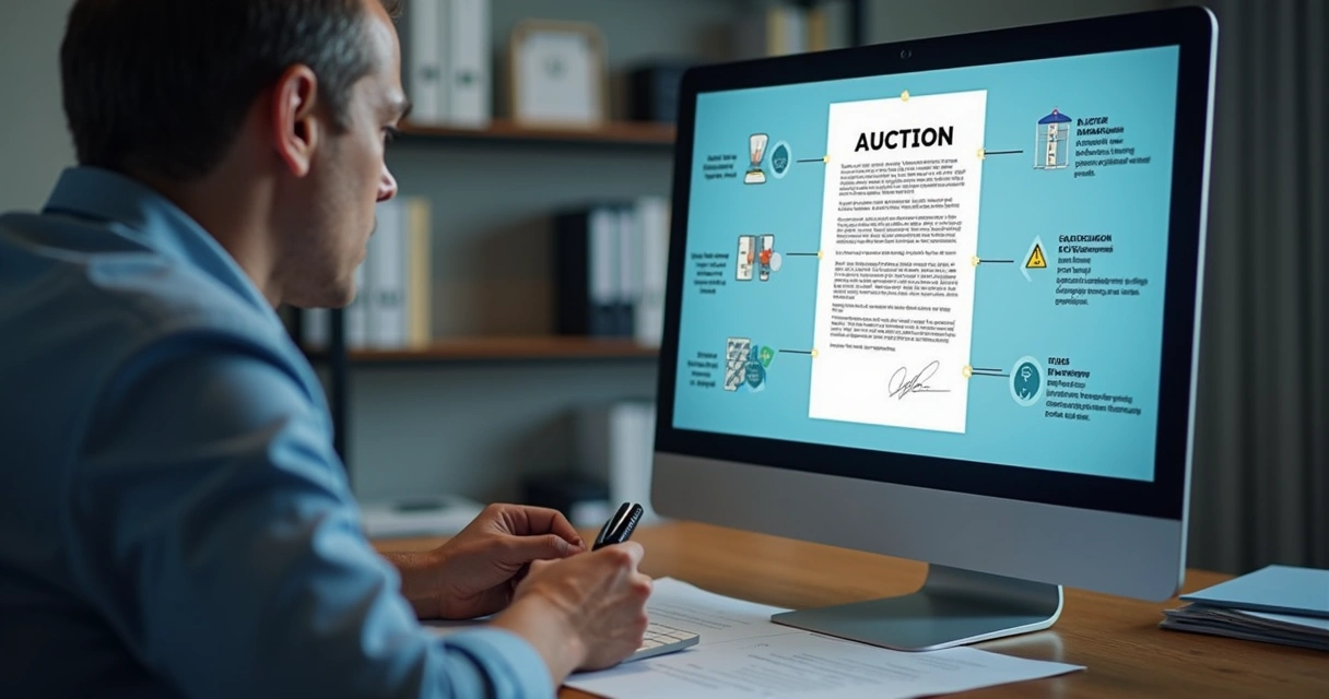 Trecho de edital de leilão de imóvel sendo analisado por uma pessoa na tela do computador 