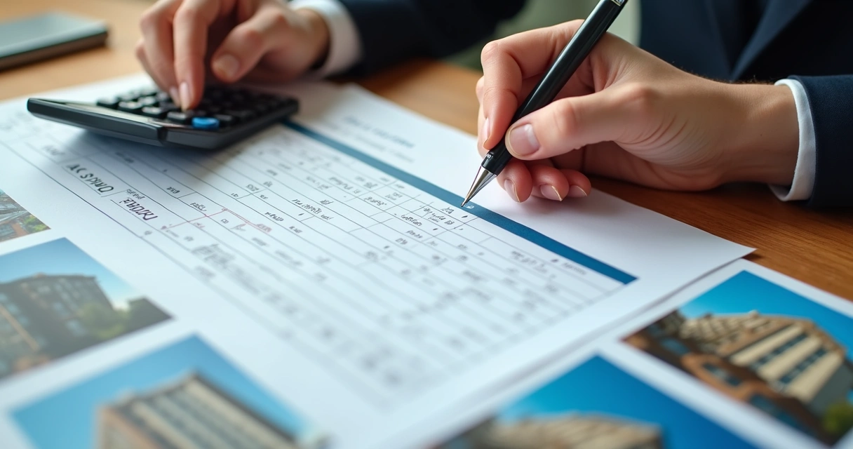 Pessoa analisando edital de leilão de imóvel impresso sobre uma mesa, com anotações e calculadora