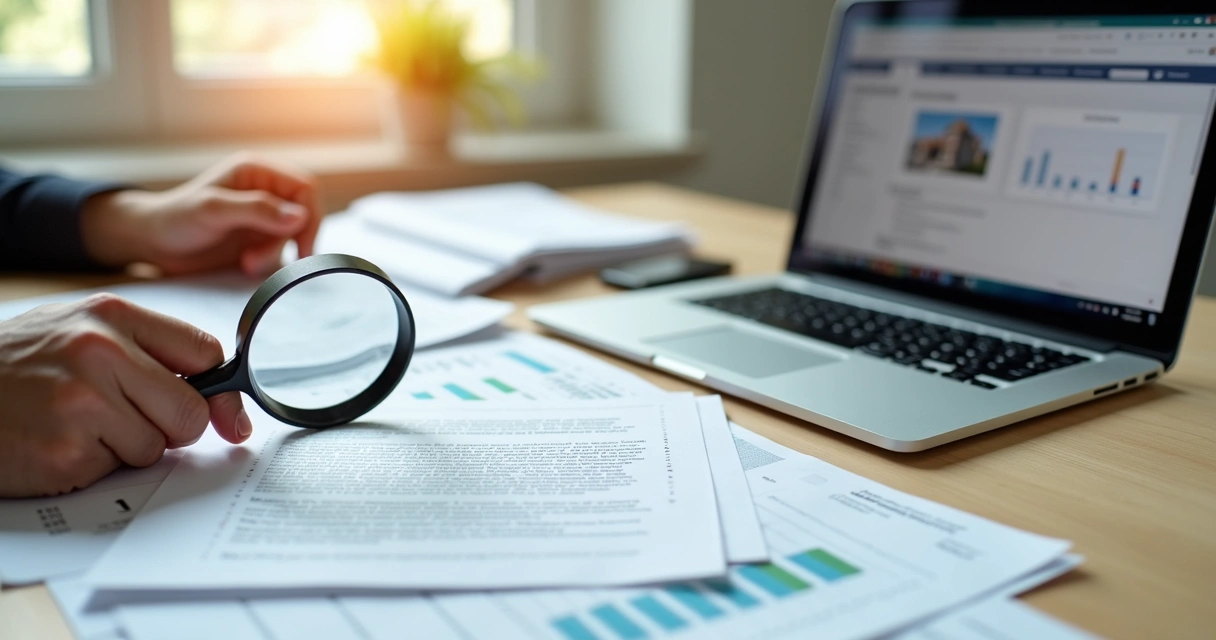 Pessoa analisando edital de leilão de imóveis com lupa, papéis espalhados em mesa clara 