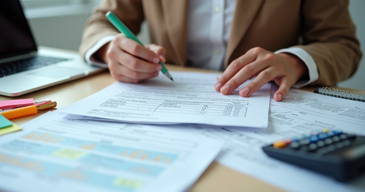 Pessoa lendo edital de leilão com marca-texto e notas ao lado 