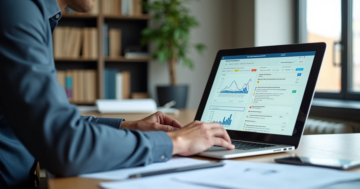 Homem analisando edital de leilão com laptop e papéis