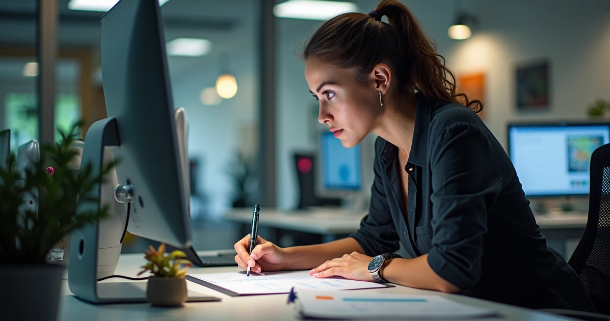 Pessoa analisa edital de leilão com documentos e computador sobre a mesa