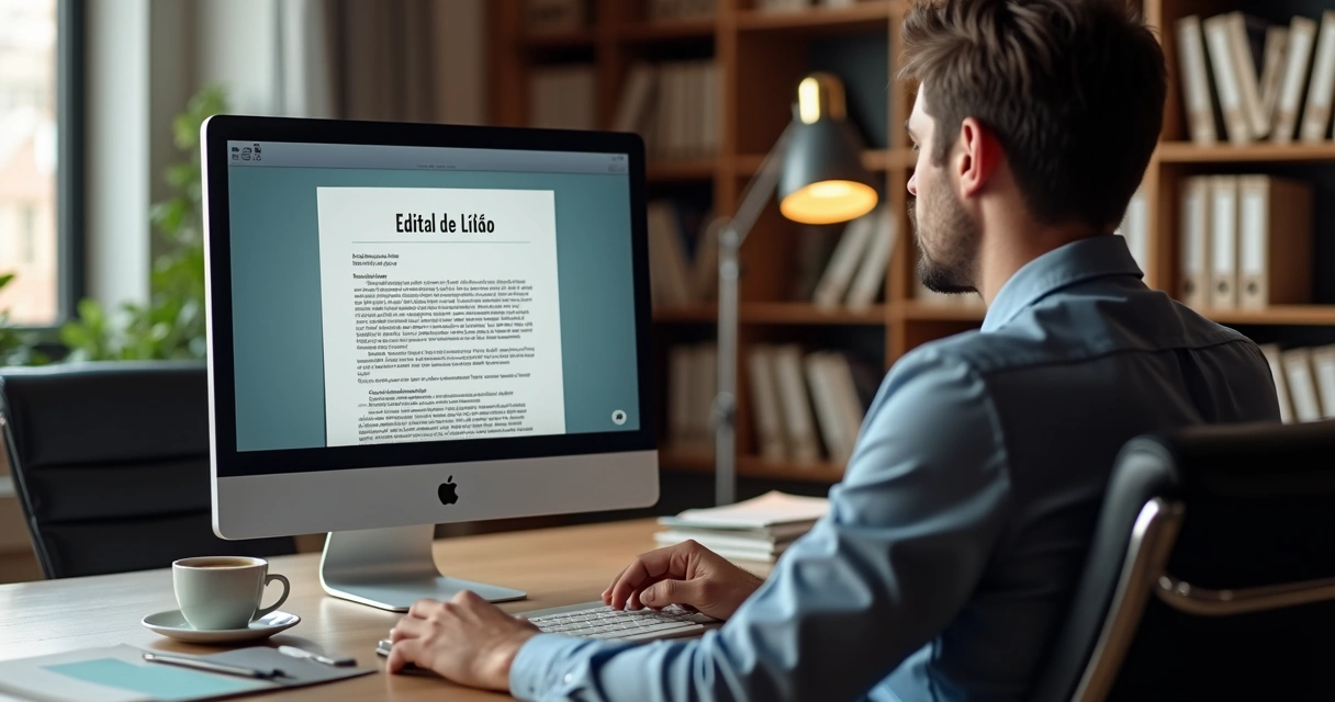 Pessoa analisando edital de leilão judicial de imóveis na tela do computador