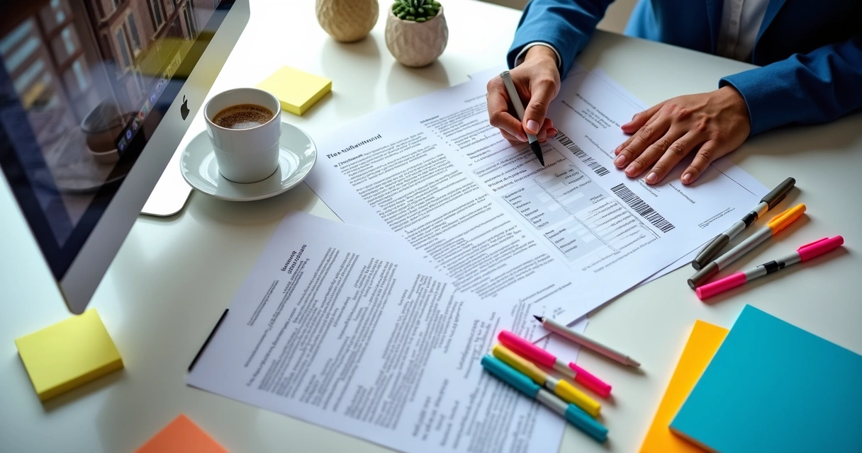 Pessoa analisando edital de licitação com tabelas e marcadores. 