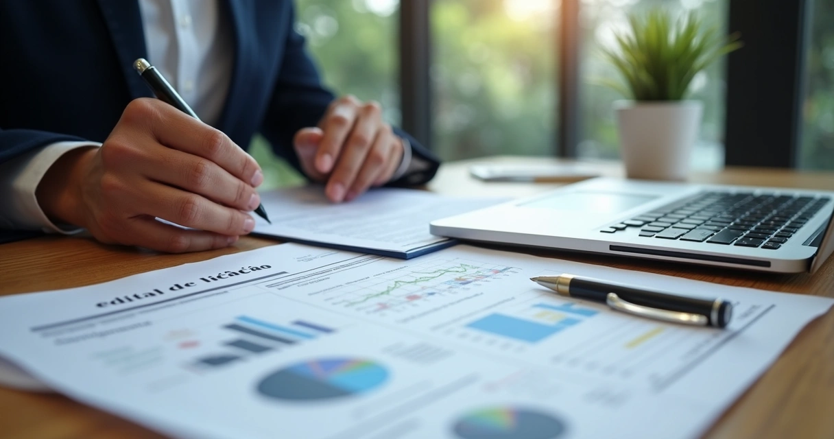 Pessoa analisando edital de licitação com documentos, laptop e anotações numa mesa organizada 