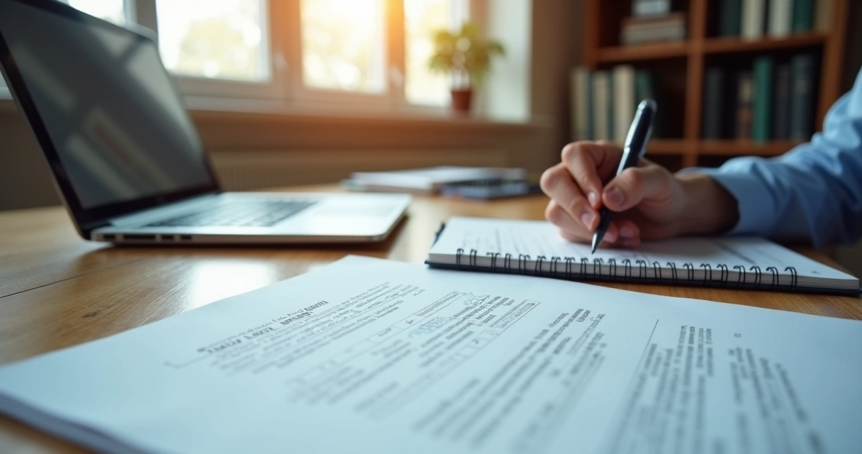 Mesa com edital aberto, laptop, caneta e bloco de anotações, representando análise detalhada de documentos de licitação pública 