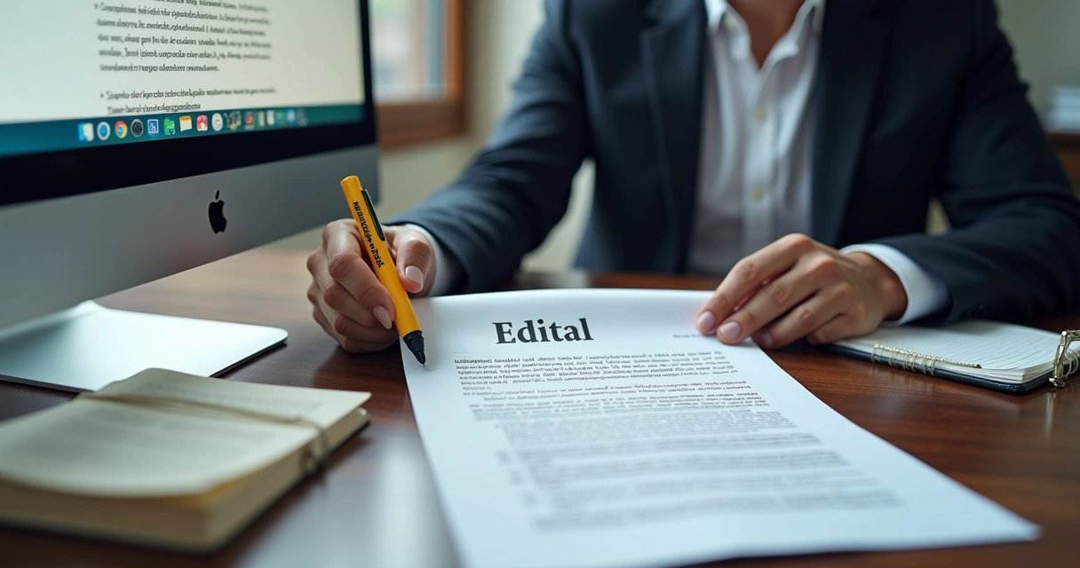 Pessoa analisando edital de licitação com atenção em escritório