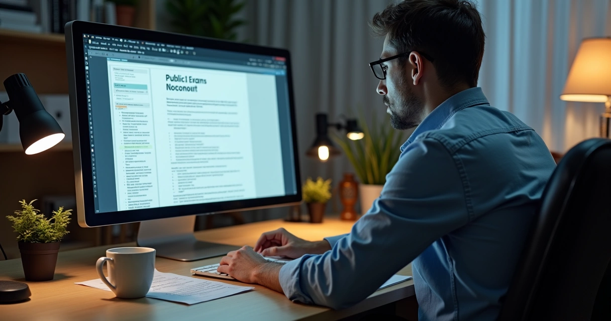 Homem analisando edital em tela de computador com documentos ao lado 
