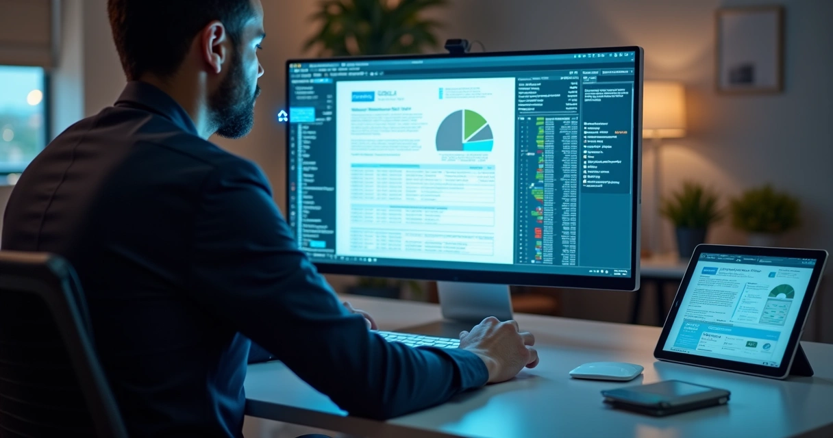 Pessoa analisando digitalmente um edital de licitação em seu computador. 