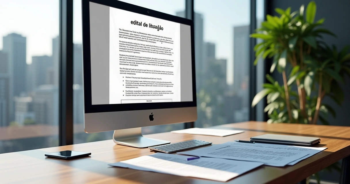 Pessoa analisando edital digital no computador com gráficos e documentos ao redor.