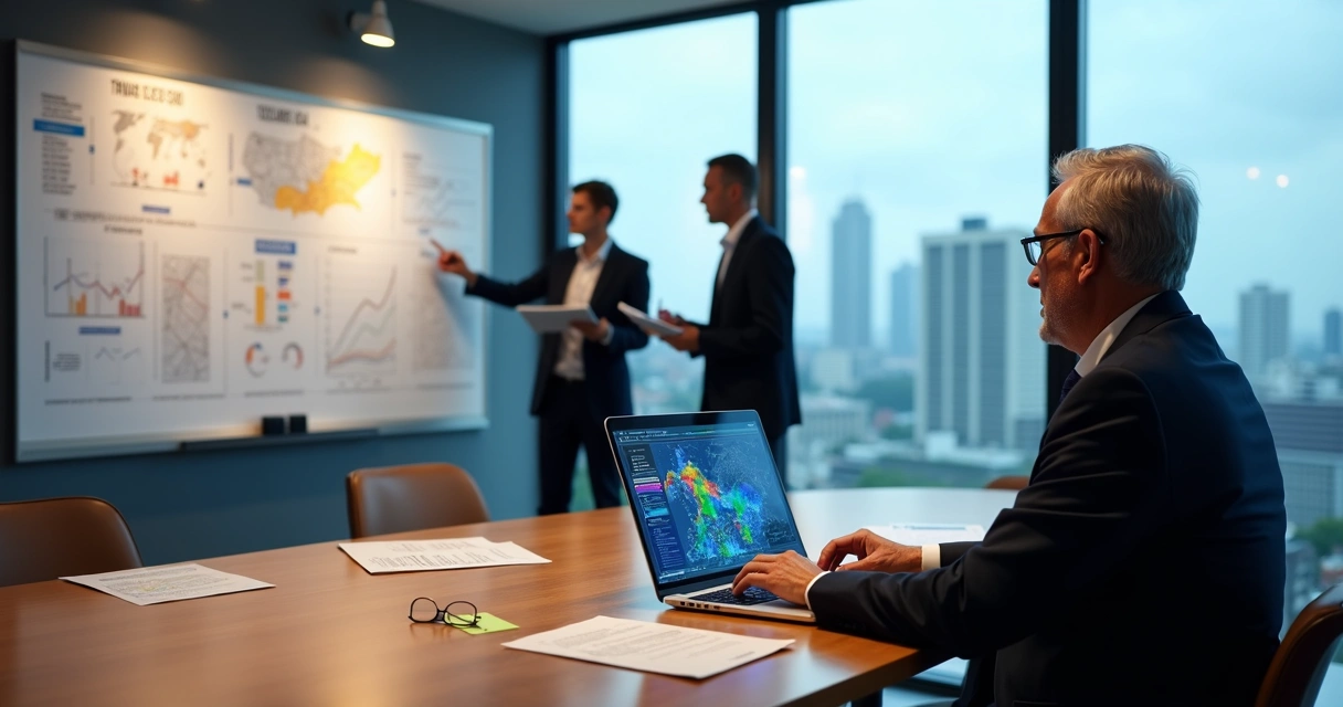 Deputado estadual analisa gráficos digitais enquanto consultores apontam estratégias em quadro branco 