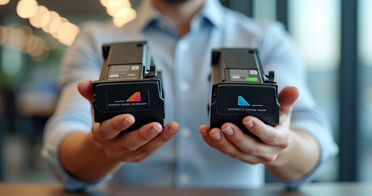 Pessoa segurando dois toners lado a lado, comparando detalhes na embalagem 