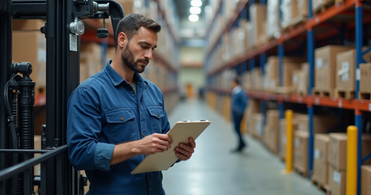 Técnico analisando especificações de empilhadeira com bloco e prancheta