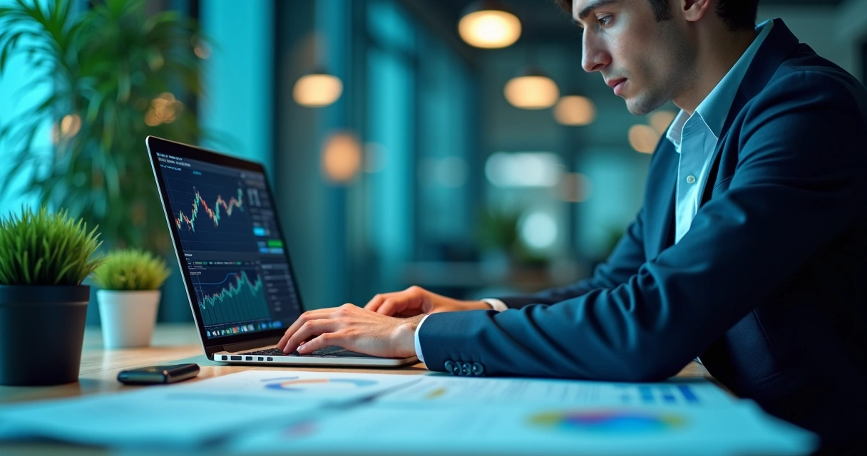 Pessoa analisando gráficos financeiros em um notebook na mesa de escritório 
