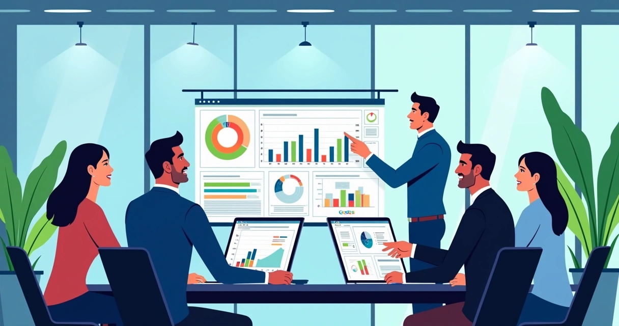 Profissionais analisando gráficos e sistemas com IA em ambiente corporativo 