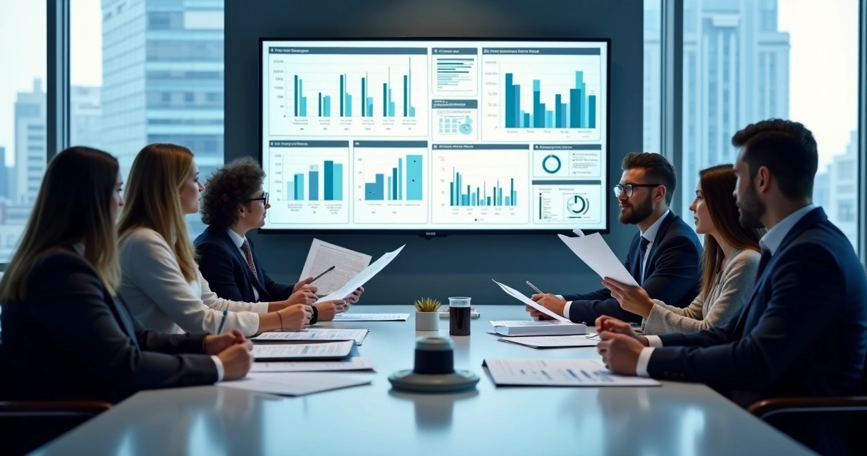 Equipe de executivos analisando gráficos em uma mesa de reunião 