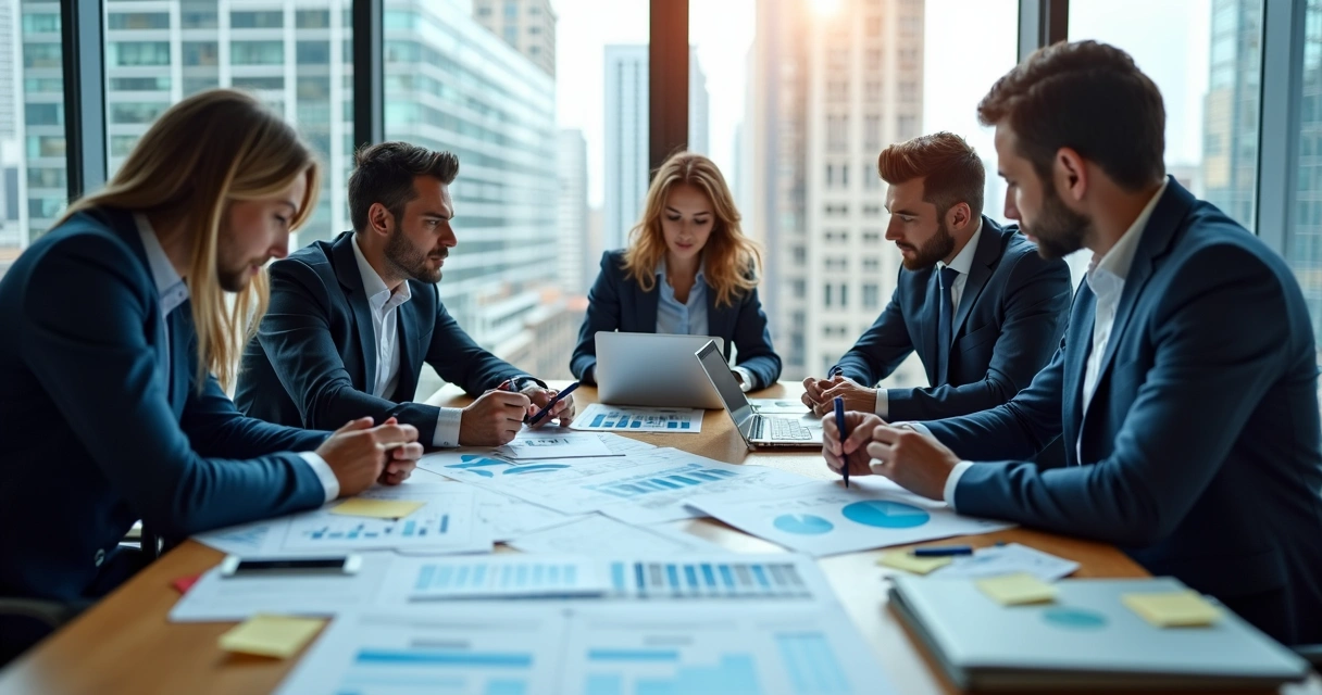 Equipe analisando gráficos e relatórios financeiros em uma sala de reuniões moderna 