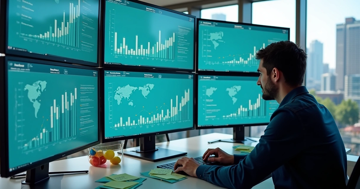 Analista observa gráficos sobre crescimento de empresas na tela do computador 