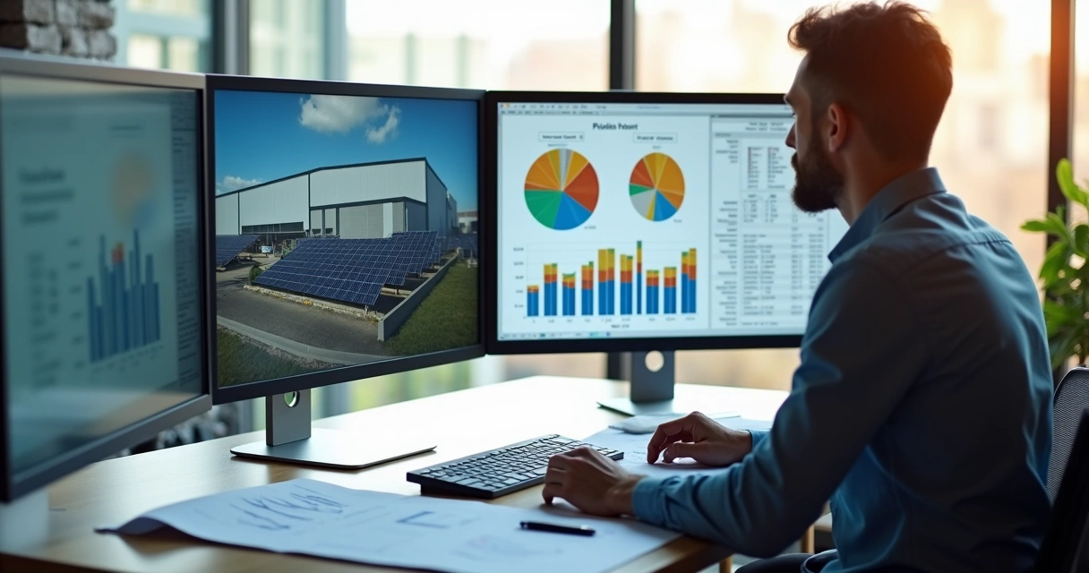 Consultor analisando gráficos de energia em tela de computador 