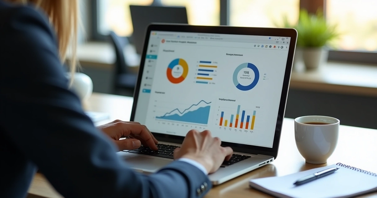 Profissional analisando gráfico de engajamento B2B no notebook 