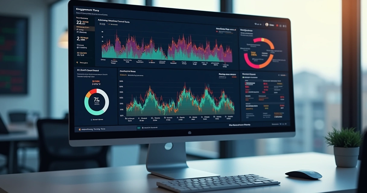 Tela de computador mostrando gráficos de engajamento e análise de sentimento em painel de IA 
