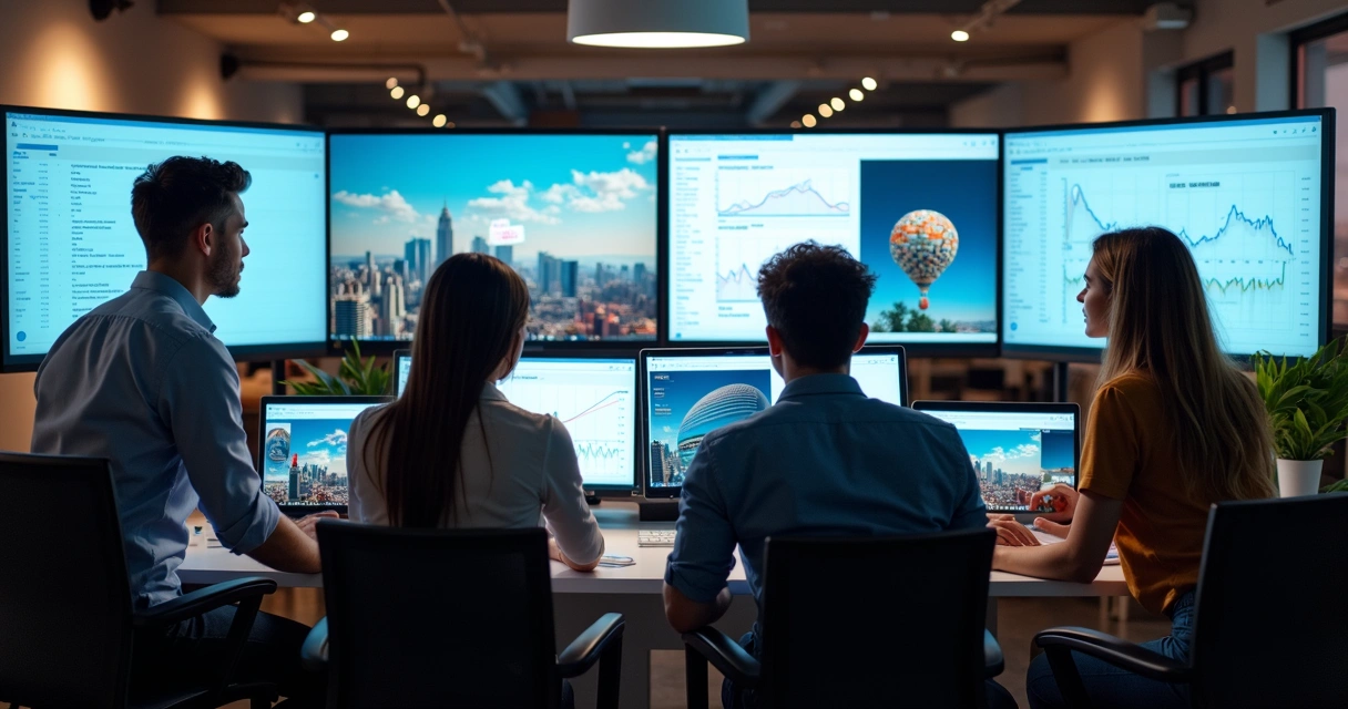 Equipe analisando engajamento e métricas em telas grandes 
