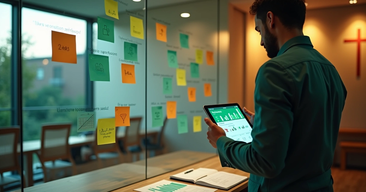 Líder de igreja analisando engajamento de membros do WhatsApp em grande mural de cartões coloridos 