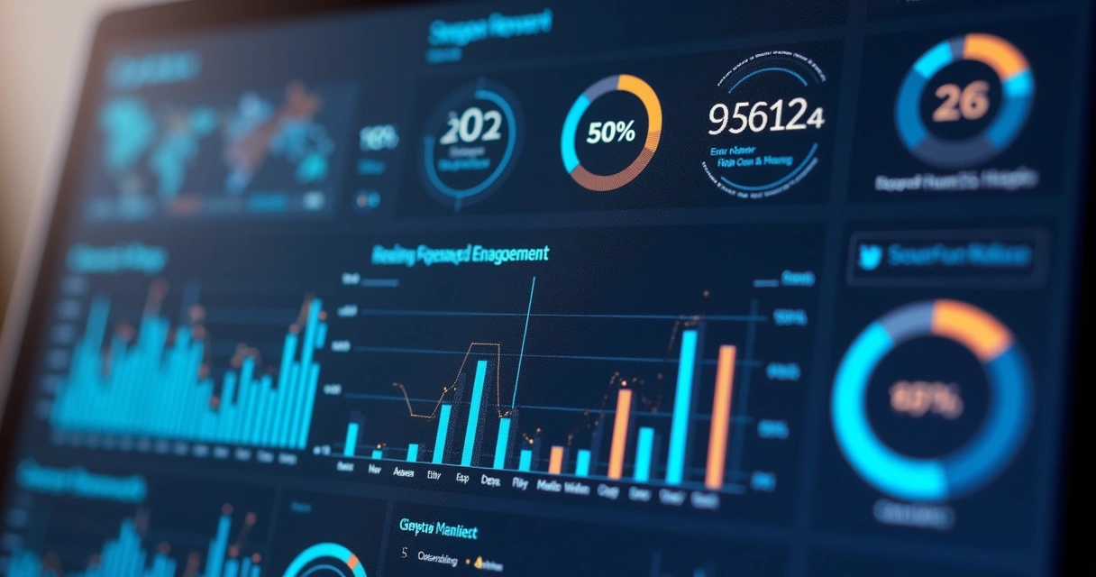 Painel digital com gráficos de engajamento em rede social 