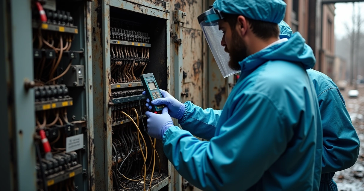 Técnicos usando equipamentos para perícia de incêndio 