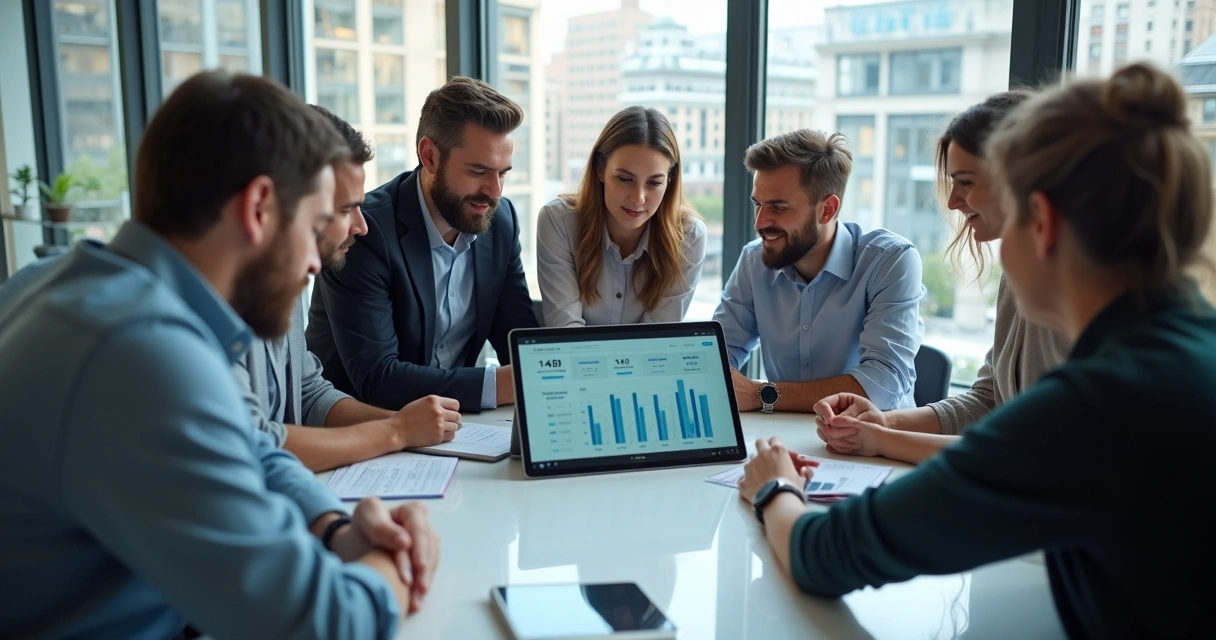 Equipe comercial analisando dados de vendas em dashboard 